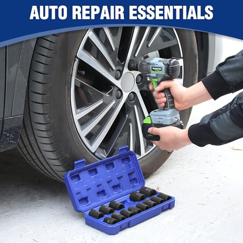 WORKPRO 1/2” Drive Shallow Impact Socket Set, Metric Cr-V Steel 6-Point Socket Set with Storage Case for Automotive Maintenance and Repairs (14PCS 10-27mm) - size: 14 PCS, Metric