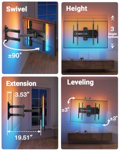 Pipishell Full Motion TV Wall Mount with LED Lights for 32–65 Inch TVs - style: Fits 32-65" TVs / Single Stud with LED