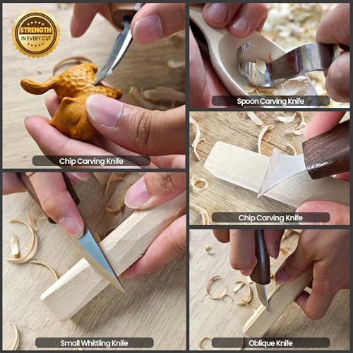 bellaDimora Wood Carving Kit 16-Piece | 8 Whittling Knives & 4 Detail Carving Knives, Walnut Handle High Carbon Steel Blades, with PU Leather Bag & Safety Gloves