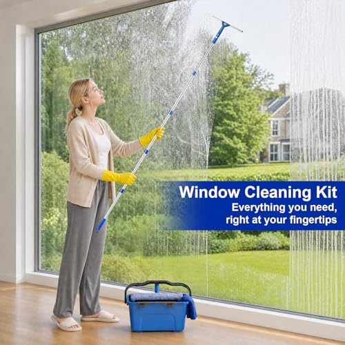 Professional Window Cleaning Kit, Window Washing Kit with 3 Gallon Bucket, 14-Inch Squeegee, 15-Inch Scrubber, 76-Inch Extendable Pole, Set of Window Cleaning Equipment for Home & Commercial Use - size: 76 inch