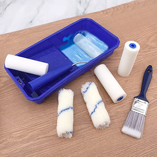 Household Mini Paint Roller Kit, 4 Sponge Paint-Roller-Head + 2 Fabric Roller-Head +1 Plastic Paint Tray + 1 Roller Handle +1 Pant Brush fits Home Painting & Smaller DIY Projects(Color:Blue)