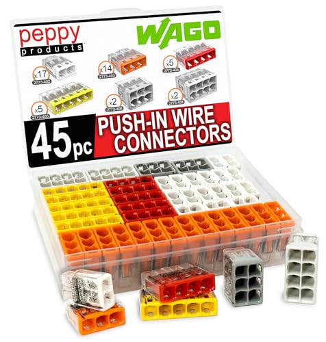 Wago 2773 Wall Nuts 45pc Push-in Wire Connector Assortment Kit with Case | Splicing for Solid and Stranded Electrical Conductors | 2773-402, 2773-403, 2773-404, 2773-405, 2773-406, 2773-408 - size: 45pc Kit