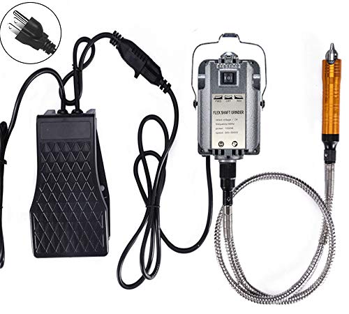1000W Rotary Tool Flex Shaft Electric Hanging Grinder Carver, Forward and Reverse Rotation, Multi-Function Metalworking Jewelry Repair Kit, Foot Pedal Control, Metal Flexible Shaft, 30000 RPM - style: 1000W, 0.4-6.5mm; Forward & Reverse Rotation