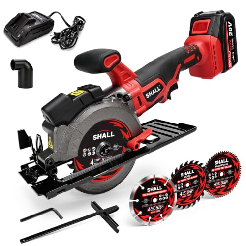 SHALL 20V Cordless Mini Circular Saw, 4-1/2’’ 4000RPM Power Circular Saw with 4.0Ah Battery, Laser Guide, 3 Saw Blades Max Cutting Depth 1-11/16" (90°), 1-1/8" (45°) for Wood, Tile, Plastic