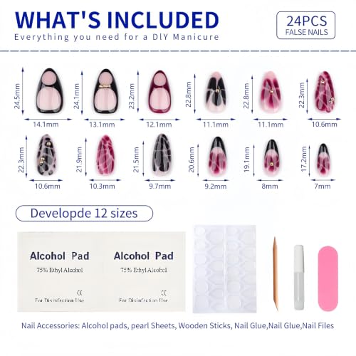 French Press On Nails Short Almond Shape, Fall Fake Nails Adorned with Black and Burgundy Petal Accents, 3D Design, Glossy Gel Finish Acrylic Nails, Natural Reusable Glue On Nails - color: 36-Flaunt Bloom