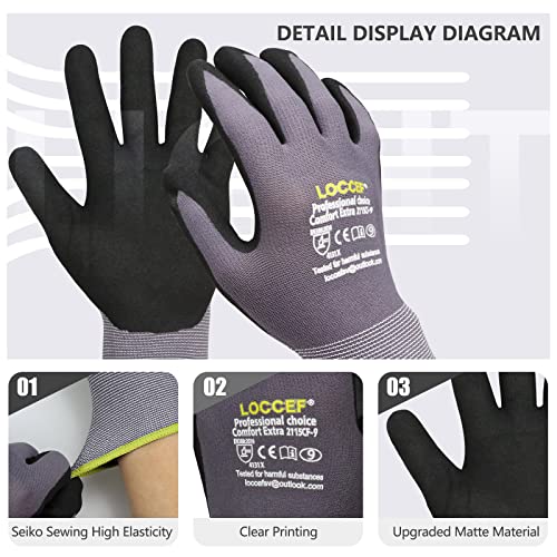 LOCCEF MicroFoam Nitrile Coated Safety Work Gloves - color: Grey 6-pairs