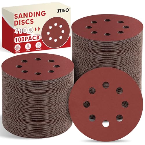 JTIEO 100PCS Sanding Discs 5 Inch, 400 Grit Orbital Sander Pads, Hook & Loop Sandpaper Pads, 8 Hole Round Sanding Discs for Random Orbital Sanders - style: 400Grit-100pcs