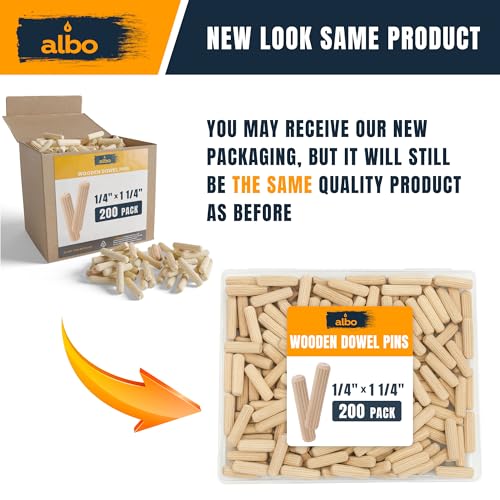 ALBO Wooden Dowel Pins 1/4 x 1-1/4 inch Fluted Wood Dowels Rods 200 Pack Hardwood Crafts Dowel Pegs - size: 1/4"- 200 Psc