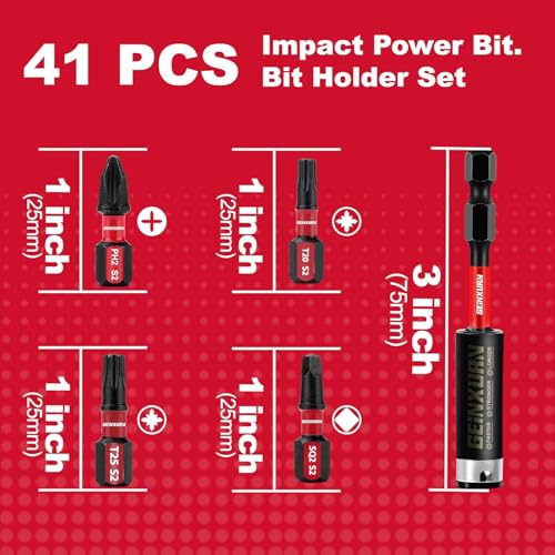 GEINXURN Impact Tough Phillips Square Torx 1 in. Insert Driver Bits, 41Pack T20/T25/PH2/SQ2 Screwdriver Power Bits Set with 1Pcs Impact Bit Holder - size: MIX-41PCS