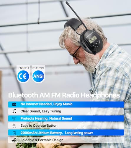 AM FM Radio Hearing Protection Earmuff, Bluetooth 5.4, 30SNR - color: Am/Fm+ Bluetooth-black