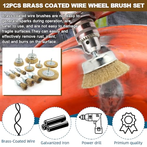 12Pcs Wire Brush Drill Attachments, Brass‑Coated Wire Wheel Cup End Brushes