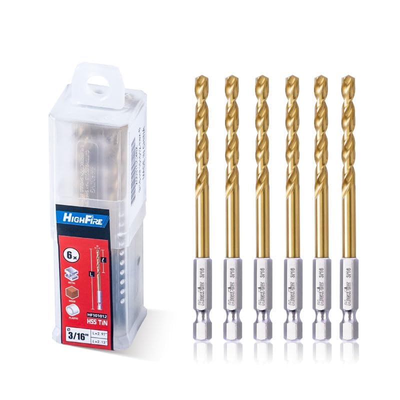 HIGHFIRE 3/16 Inch Twist Drill Bits - HSS Sharp Hex Shank, TiN Coated for Metal - Steel, Copper, Aluminum, Zinc Alloy (6 PCS Same Size in One Pack) - size: 3/16"(6pcs)