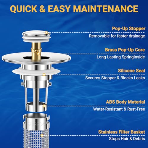 2PCS Bathroom Sink Stopper Strainer, Pop-Up Bathroom Sink Drain Strainer with Removable Stainless Steel Hair Catcher Basket, Universal Fit for US Bathroom Sinks, Bathtubs, Showers & Floor Drains - color: 2pcs