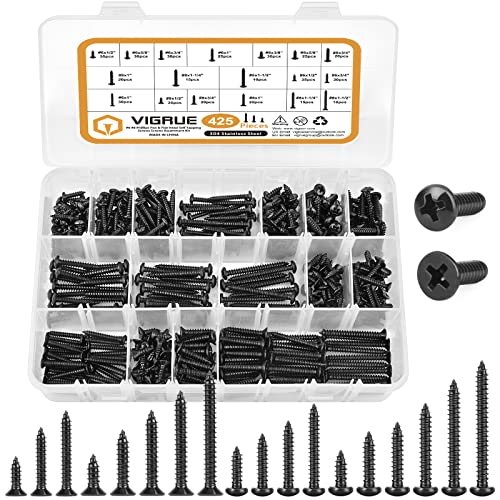 VIGRUE 425PCS #6#8 Black Wood Screw Set, Black Oxide 304 Stainless Steel Phillips Pan and Flat Head Self Tapping Screws Assortment Kit, Length 1/2" to 1-1/2" - style: 425PCS #6#8 Pan Head & Flat Head