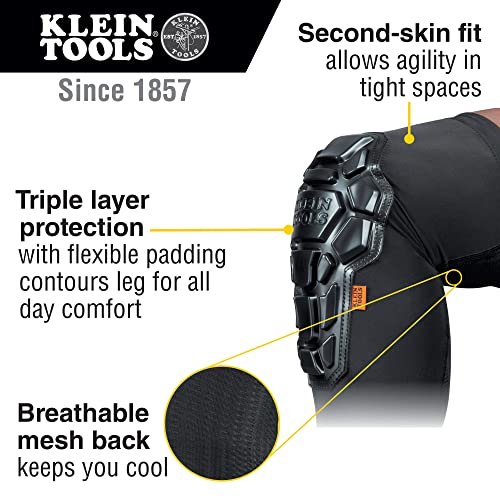 Klein Tools 60615 Knee Pad, Heavy Duty Padded Knee Sleeves, Breathable Mesh Back, Elastic Cuff with Slip-Resistant Silicone, S/M, Black - size: S/M