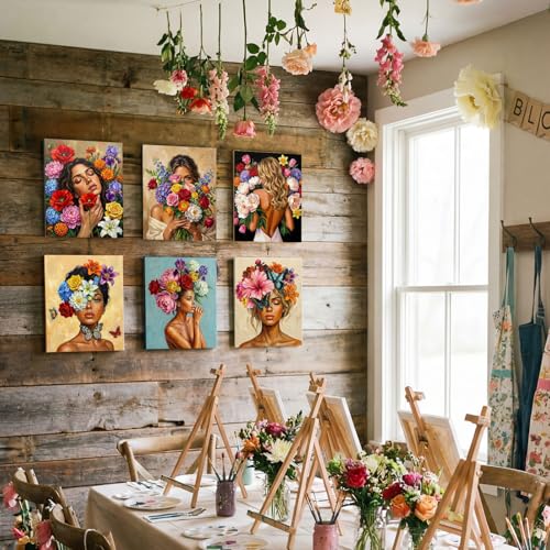 Ctosree 72 Pcs Flower Woman Paint and Sip Kit for Adults 8'' x 10'' Pre Drawn Canvas for Painting DIY Pre Printed Canvas for Party Favor Acrylic Painting Kit Wood Easel Brushes Date Night Bulk - style: Flower Woman