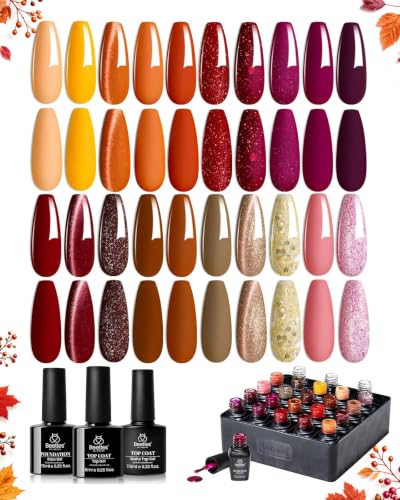 Beetles Autumn Aura Gel Polish Set, 23Pcs Fall Nails Gel Orange Burgundy | Brown Yellow Gel Polish Red Cat Eye & Glitter Soak Off UV LED Needed Manicure with Base Glossy Matte Top Coat - color: A - Mixed Finishes | Autumn Aura