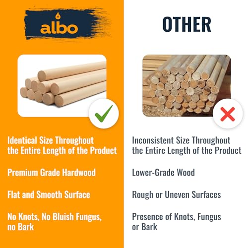 ALBO 1/2" x 48" Wooden Dowel Rods Set - 25 Pack Birch Natural Long Thin Craft Sticks Joinery Curtain Holders Toys Hardwood Smooth Finish Universal Material DIY Decor Bulk Professional - size: 1/2" x 48" 25 Pcs