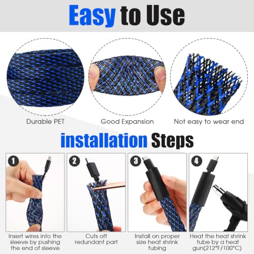 Tatuo 151 ft Braided Cable Sleeve Expandable Wire Sheathing(Blue, Black) - color: Blue, Black, size: 151 ft