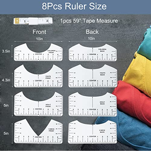 9Pcs Tshirt-Ruler Guide to Center Vinyl, Transparent V-Neck/Round PVC Ruler for Alignment, Heat Press, Children Youth Adult, Front and Back Measurement (10in) - style: Tshirt Ruler-9-Balck