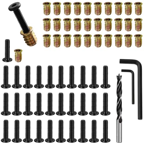 Threaded Inserts for Wood 32 Sets 1/4"-20 – Furniture Hardware Kit with 1-3/4" Hex Bolts, Pilot Drill Bit & 2 Wrenches for Furniture Assembly, Drawer Repair, Cabinet Hinges (Screw in Nut Set) - size: 30+2 PCS