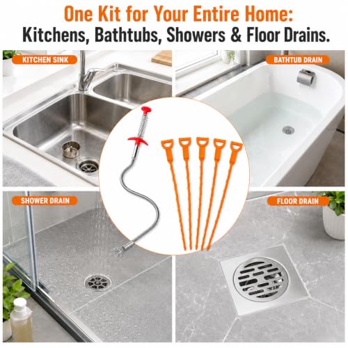 Drain Clog Remover Snake Tool for Hair and Debris, Unclog Toilet, Sink, Shower, Bathtub, Sewer - color: Orange 6+1