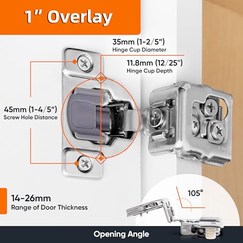 Decobasics 50 Pack Soft Close Cabinet Hinges – 1" Overlay for Kitchen Cabinet Doors, Face Frame Concealed Hidden Hinges – Stainless Steel, Self-Closing with 3-Way Adjustment & Slow Close Damper - size: 1 Inch