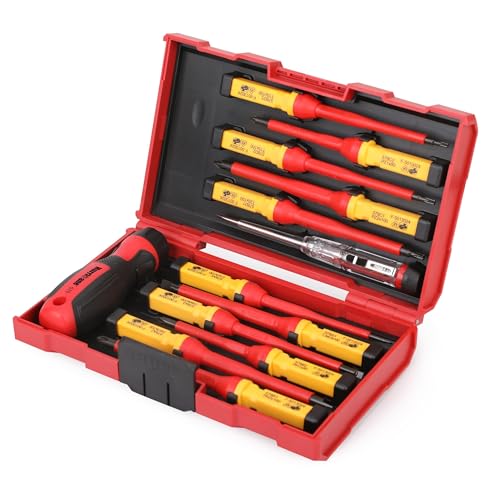 HURRICANE 13 Piece 1000V Insulated Electrician Screwdriver Set, Cr-V Magnetic Tip. 4 slotted, 2 Phillips, 2 Pozidriv, 3 Torx, 1 Electroprobe, and 1 handle. Ideal for Professional & Home Repair - size: 13 Piece Basic Insulated Screwdriver Set