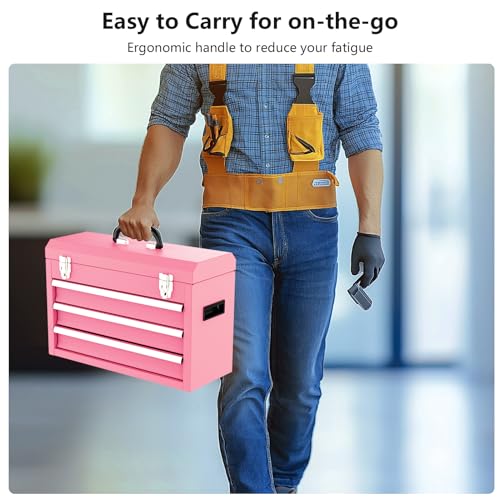3 Drawer Metal Tool Box, Portable Metal Tool Box with EVC Liners and Latches Closure, Heavy Duty Steel Tool Chest with Ball Bearing Opening and Powder Coated Finish, Pink - color: Pink