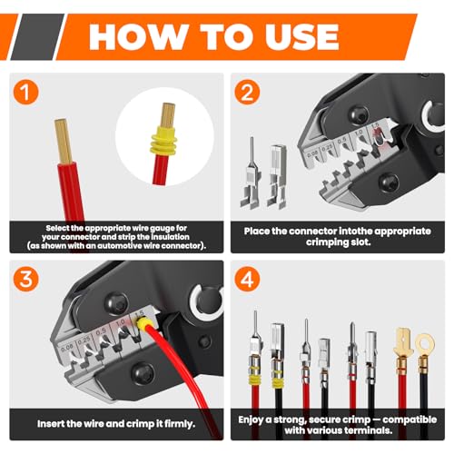 5-in-1 Wire Crimping Tool, AWG 28–16 Ratcheting Pin Crimper for Non-Insulated Open Barrel Terminals – Fits JST XH/PH/SM/SYP, Dupont, Molex, AMP, TE, Deutsch & More Automotive Wire Connectors