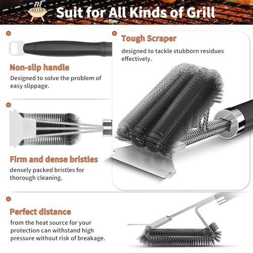 Grill Brush and Scraper-18 Adjustable Handle Safe BBQ Grill Brush for Outdoor Grill-Deep BBQ Clearning Brush wih Bottle Operner Extra Strong Grill Cleaner Accessories for Gas/Charcoal Grilling Grates