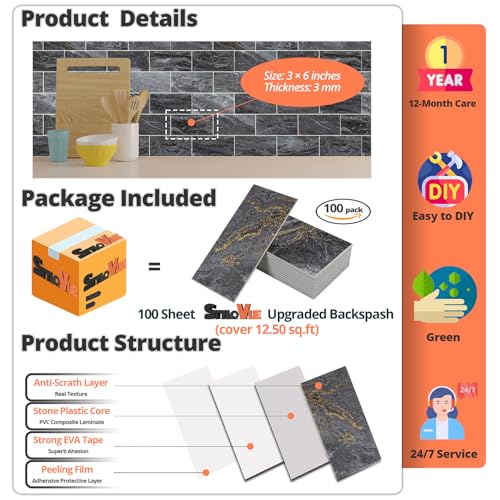 StyloVue 100 Pieces Peel and Stick Backsplash for Kitchen, 3" x 6" PVC Subway Tile 2026 Upgraded Gray-Gold Stone Backsplash Stick on Tile Elevate Kitchen Fireplace RV - color: Gray-Gold Stone