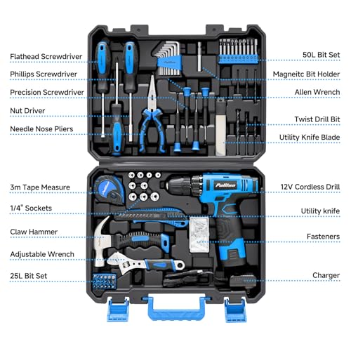 PULITUO Tool Set, 148-Piece Home Drill Set with 12V Blue Cordless Drill, Hand tool Kits, and Box, Suitable for Men, Women, and DIY Enthusiasts for Home Improvement. - style: 12V Drill Set（Blue）