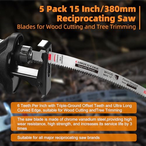 5 Pack 15 Inch 6 Tpi Curved Edge Reciprocating Saw Blades for Tree Pruning