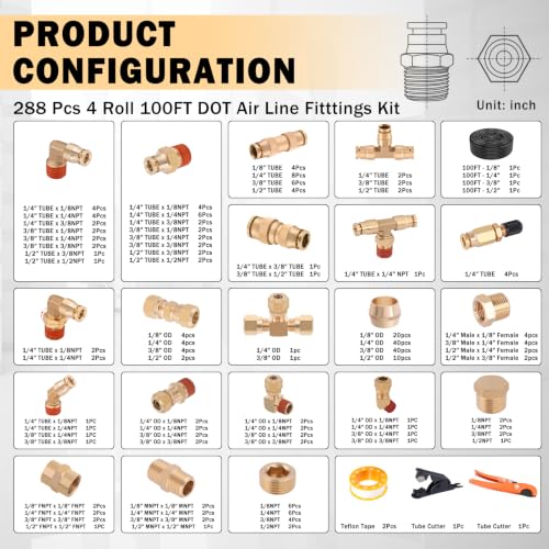 CheeMuii 288PCS Brass DOT Air Line Fittings with 4 Roll 100FT DOT Air Lines - size: 100FT-4ROLL-288PCS
