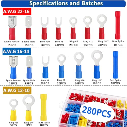 Tnisesm 280PCS Wire Connectors - Insulated Electrical Wire Terminals - color: 280PCS, size: Crimp style