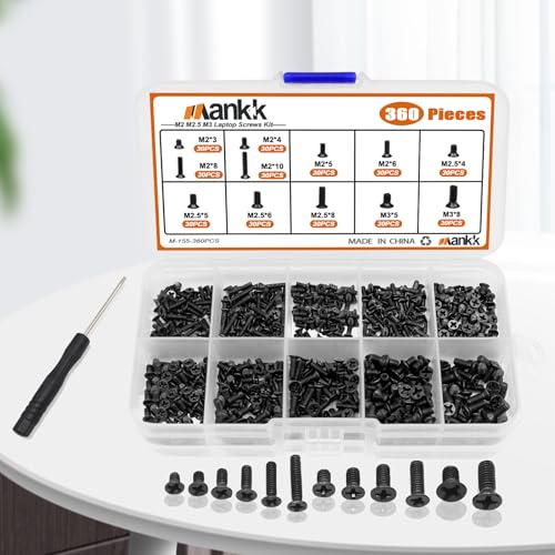 mankk 360PCS Laptop Screws 12 Sizes M2 M2.5 M3 Replacement Computer Tiny Screws Motherboard Screw with Screwdriver for Laptop PC Repair & DIY - color: Black-360PCS