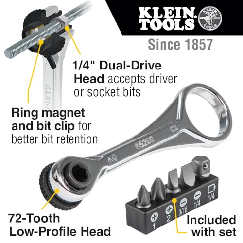 Klein Tools 65200 Ratchet Set, 5-Piece Mini Ratchet Set with Phillips, Slotted, and Adapter for Other Socket Sizes, For Tight Spaces - size: Non-Magnetic