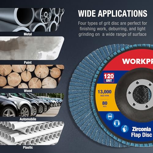 WORKPRO 10-Pack Zirconia Flap Discs, 4-1/2" x 7/8", T29, 120 Grit | Zirconia Abrasive Flap Sanding Discs for Angle Grinders - style: 120 Grit