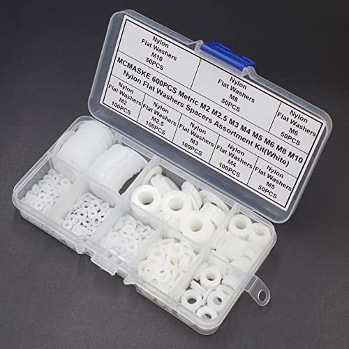 600PCS Metric M2 M2.5 M3 M4 M5 M6 M8 M10 Nylon Flat Washers Spacers Plastic Washers Assortment Kit (White) - color: White