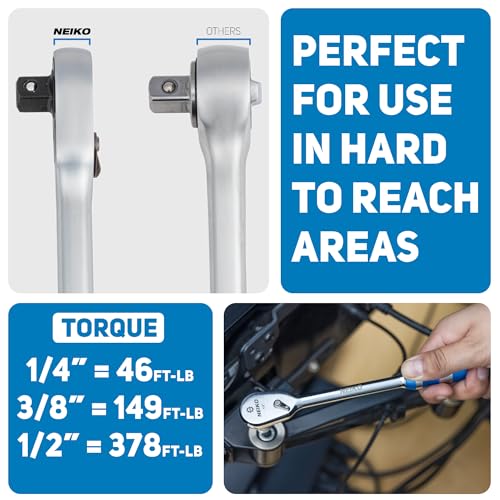 NEIKO 03006A Flat Head Ratchet Set - 3 Piece Low Profile 1/4, 3/8, 1/2 Inch Drive, 90 Teeth, Anodized Textured Grip Handle, Long Handle, Sealed Head, Cr-Mo - size: 1/4", 3/8", 1/2" Drives, style: Flat Head Ratchet