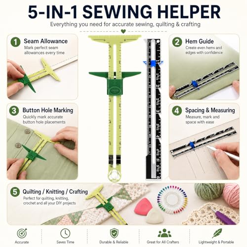 Sewing Gauge Measuring Tool Set, 5-in-1 Sliding Marker & Seam Gauge Ruler | Acrylic T-Shaped Quilting Ruler Set, Essential Sewing & Quilting Tools for Hemming, Buttonhole Marking & Crafting 5Pcs Yellow - color: Yellow