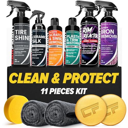 Carfidant Ultimate Clean & Protect Kit – 11-Piece Complete Car Detailing Bundle – Tire Shine, Ceramic Silk, Scratch & Swirl Remover, Plastic & Trim Restorer, Rim Reactor, Iron Remover - style: 11-Piece Detailing Bundle