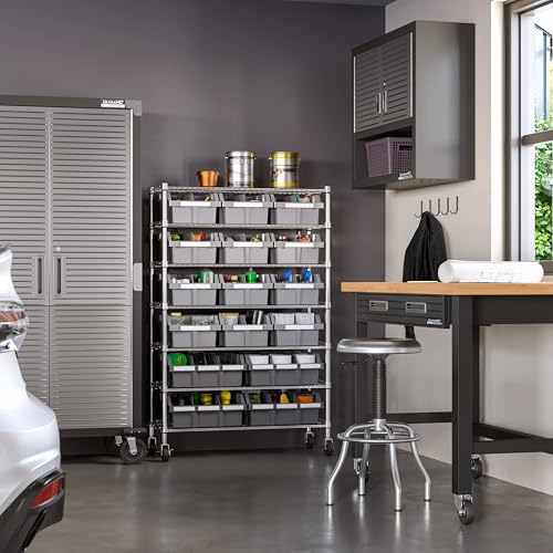 7-Tier NSF 16-Bin Steel Wire Shelving Rack, 36"W x 14"D x 56"H, Gray | 16 slide-out bins with tilt-lock design keep supplies organized and accessible - color: Gray, size: Includes 16 Bins