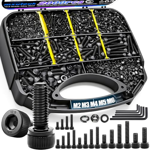 mxuteuk 2000PCS Metric Screw Assortment Kit,M6 M5 M4 M3 M2 Machine Screws,12.9 Carbon Steel Black Zinc Plated Hex Socket Head Cap Bolts Nuts and Washers Kit for 3D Printing DIY - size: 2000PCS M2-M6