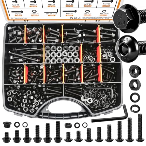 mankk 700PCS M6 Flange Bolt and M6 Button Head Hex Socket Cap Screws Assortment Kit M6×1.0 (10mm to 35mm) Metric Grade 10.9 Alloy Steel Class Hex Bolts and Nuts Washers Kit - color: Black-700PCS M6