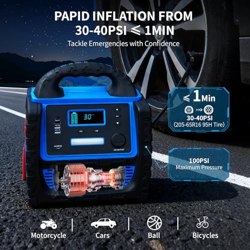 2400A Car Battery Jump Starter and Portable Power Station – Starts 8.0L Gas & 8.0L Diesel – 6-in-1 Jump Starter with Air Compressor 100 PSI Tire Inflator – 400 Watt Inverter AC/DC/USB Outlets - color: Blue