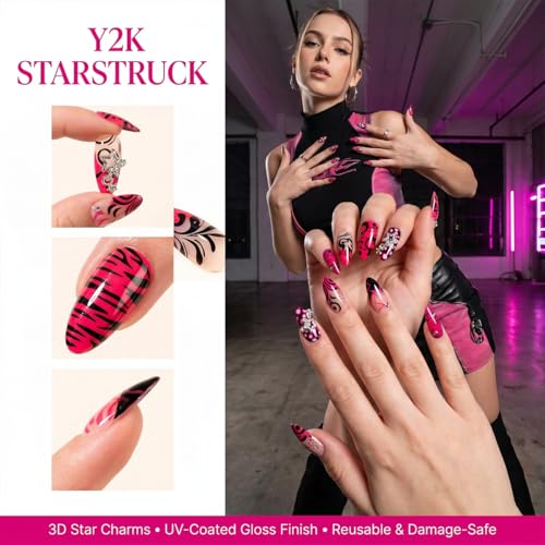 Medium Almond Press On Nails Pink with Y2K Star Rhinestones Curve Lines - color: Style1