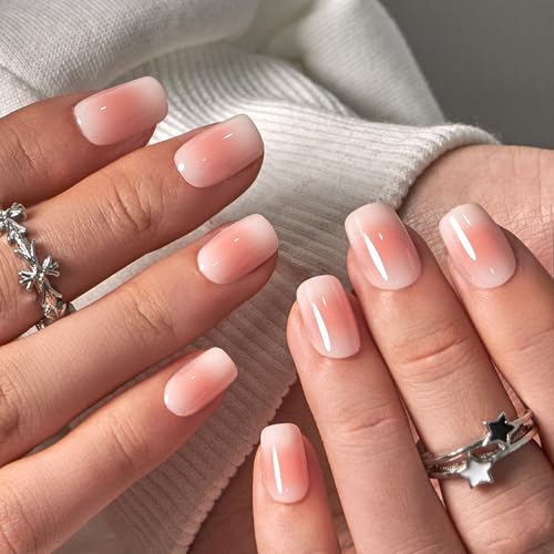 CurvLife Short Square Press On Nails, Dew Touch Nude Pink, Soft Gel - color: Dew Touch