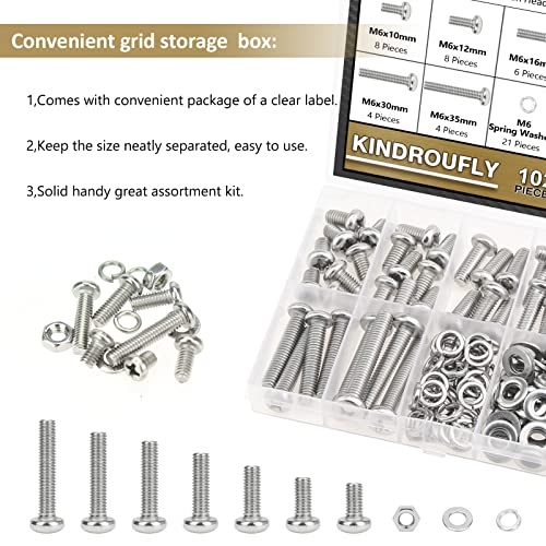 102 Pieces M6 x 10/12 /16/20 /25/30 /35mm Phillips Pan Head Machine Screws Nuts Washers Assortment Kit, 304 Stainless Steel, Fully Machine Thread - size: M6, style: Phillips Pan Head